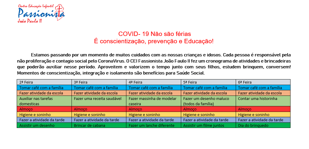 Cronograma  Centro de Educa��o Infantil Passionista Jo�o Paulo II